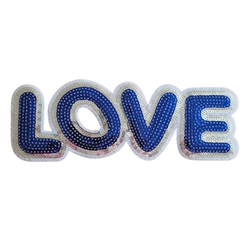 Strygemærke "LOVE" pailletter blå 23x8 cm